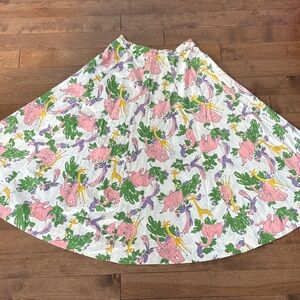 Vintage White Printed A-Line Skirt with Pink Elepahants and Giraffe